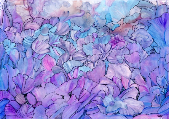 Original A3 abstract watercolour painting, 'Lavender Folds' painted on Yupo paper, modern art direct from artist in UK. Purple, lilac,