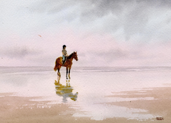 Original watercolour painting, horse rider on beach, bevel mounted hand painted unique equestrian art to fit 12 x 10 inch frame by G. Heaton
