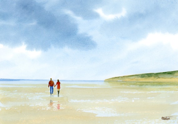 Original small watercolour beach painting, original romantic art, couple on beach, unique gift for engagement, wedding or anniversary