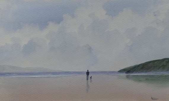 Original watercolour painting, 'Long Walks and Wet Paws' figure and dog on beach, 280mm x 170mm (11" x 6.75") watercolor unique gift