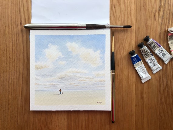 Square small original watercolour beach painting, figure and dog on beach, affordable hand painted delicate watercolor gift, England UK