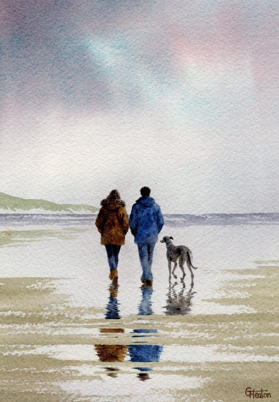 Original watercolour painting, couple and Greyhound dog on beach, bevel mounted hand painted unique art to fit 12 x 10 inch frame