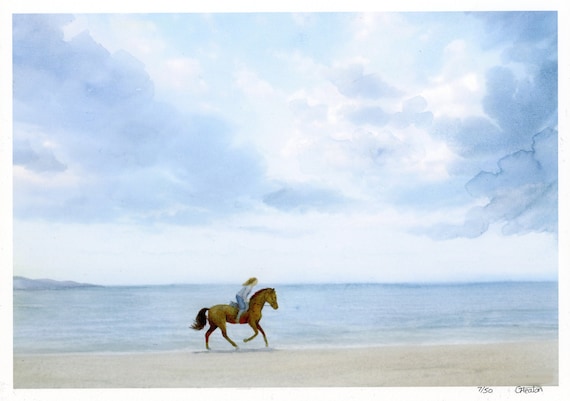 Horse rider on beach, 'Like The Wind' Very limited edition A4 print from an original watercolour painting,  horse riding beach art. pony