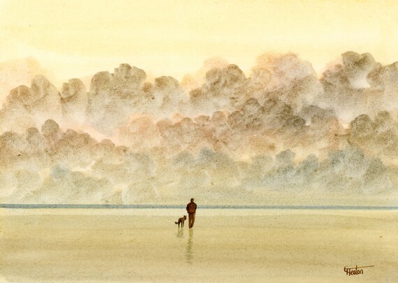 Original small watercolour beach painting, figure and dog on stormy beach, hand painted watercolor gift A5 Size, UK artist. watercolor