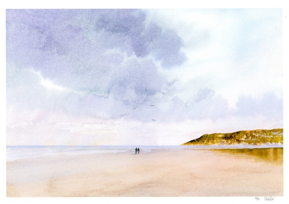 Llanddona Rain, Hand finished and personalised very limited edition print on watercolour paper, Red Wharf Bay Anglesey Beach Wales, couple
