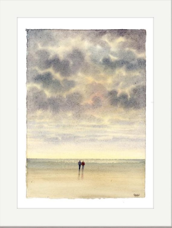 Original watercolour painting on handmade deckle edged paper, couple on sunset beach, mounted to fit 16 x 12 inch frame by G. Heaton