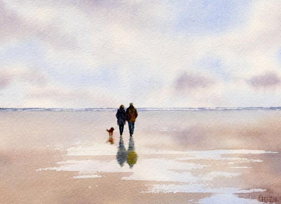 Original watercolour painting couple and small spaniel dog on beach, bevel mounted hand painted unique art to fit 12 x 10 inch frame,
