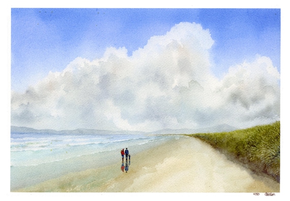 Couple and children on Harlech Beach mounted 14" x 11" hand finished very Limited edition prints, family figures on watercolour art paper
