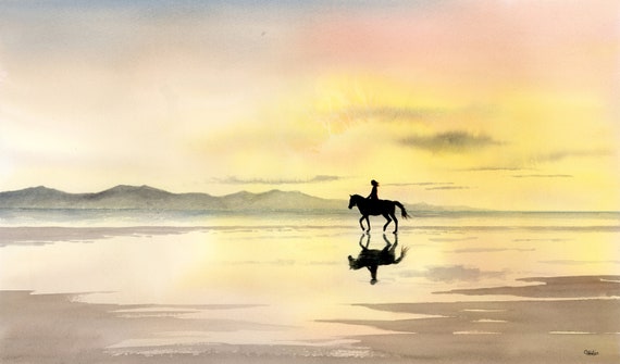 Original watercolour horse painting 'Sunset Ride' 2023, horse rider on beach large unique watercolor equine art direct from UK artist