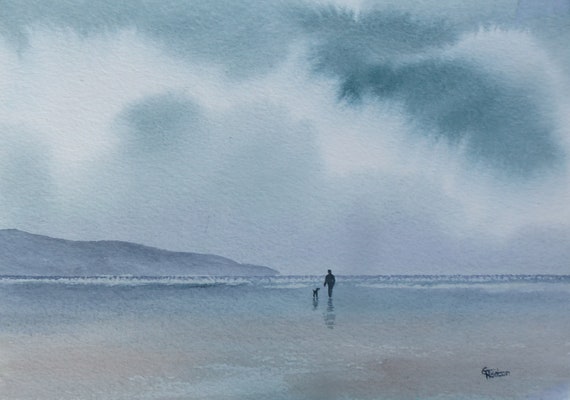 Original small watercolour beach painting, 'My Loyal Friend' affordable and original art, figure and dog on stormy beach, unique gift