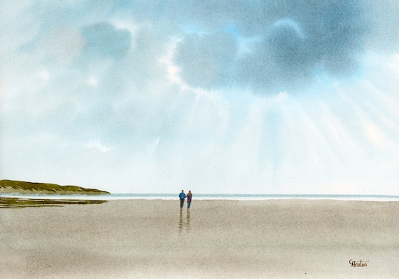 Original watercolour painting, 'Silver Lining' couple on beach A4 size watercolor, original romantic art gift direct from the artist in UK