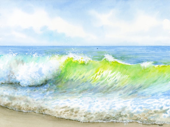 Original watercolour seascape painting, 40cm x 30cm beach art, rolling waves in watercolor, ocean, sea, aqua blue