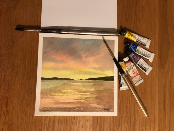 Newborough Beach, Anglesey. Square small original watercolour sunset beach painting, affordable hand painted delicate watercolor gift, UK