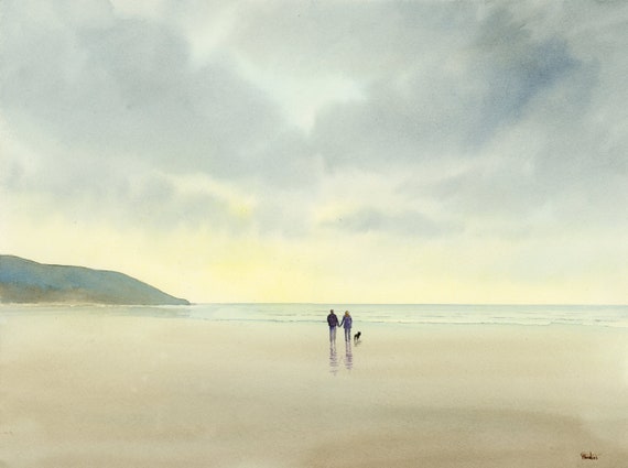 Original watercolour painting on 100% cotton watercolor paper, couple and dog on beach, French Bulldog 15" x 11" quarter imperial size, UK