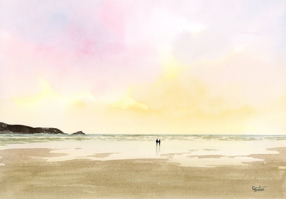 Original romantic watercolour painting, Couple on Fistral Beach, Cornwall 'From A Distance' A4 watercolor art gift, valentine, anniversary