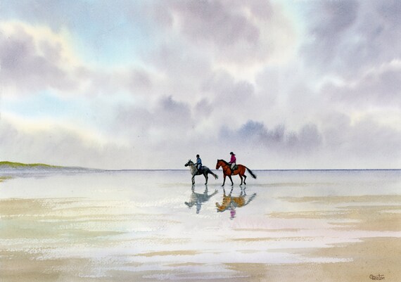 Original watercolour horse painting 'Low Tide Ride' 2023, horse riders on beach A3 size unique watercolor equine art direct from UK artist