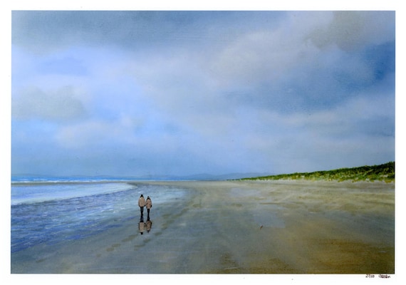 Harlech Storm, hand finished, mounted very limited edition print, hand painted figures on beach, personalised artwork, unique art, painting