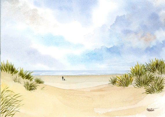 Original small watercolour beach painting, 'A Walk On Ainsdale Beach' distant figure and dog through Southport Sand dunes, Merseyside. Art