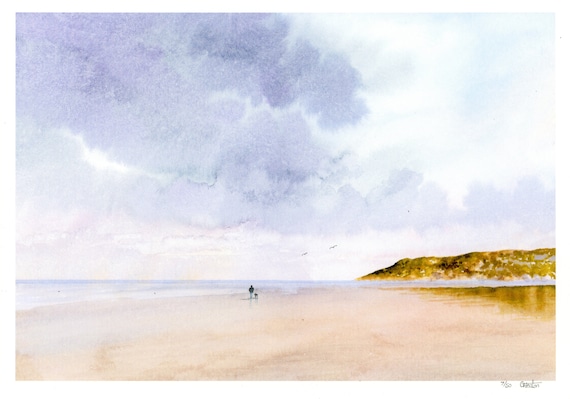 Llanddona Rain, Hand finished and very limited edition print on watercolour paper, figure and dog Red Wharf Bay Anglesey Beach Wales, art
