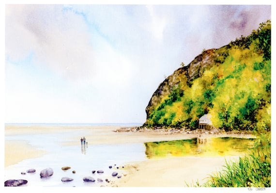 New for 2021 Llanbedrog Beach, Hand finished very limited edition print on watercolour paper, hand painted art gift, couple and dog on beach