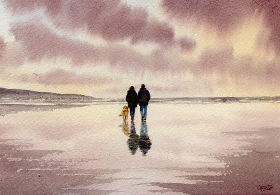 Original watercolour painting couple and Golden Retriever on beach, bevel mounted hand painted unique art to fit 12 x 10 inch frame,