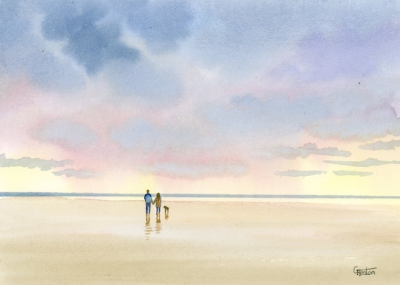 Original small watercolour beach painting, original romantic art, couple and dog on beach, unique gift for Valentine's Day or anniversary