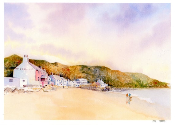 Ty Coch, Porthdinllaen, Hand finished very limited edition print on watercolour paper, couple and dog on Morfa Nefyn beach, art from UK