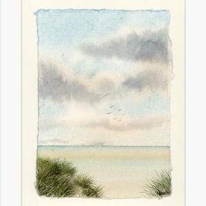 Dipinto originale ad acquerello "Dune di sabbia e aria salata" su carta fatta a mano con bordi frastagliati, dune di sabbia montate per adattarsi a una cornice da 12 x 10 pollici