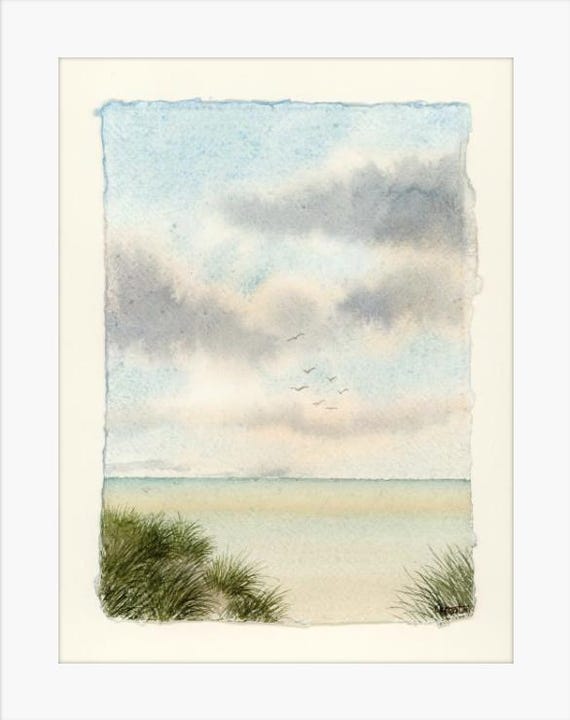 Original watercolour painting 'Sand Dunes And Salty Air' on handmade deckle edged paper, sand dunes mounted to fit 12 x 10 inch frame