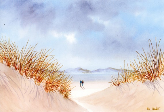 Newborough Beach, 'Through The Sand Dunes' Hand finished and personalised very limited edition print on watercolour paper, couple on beach
