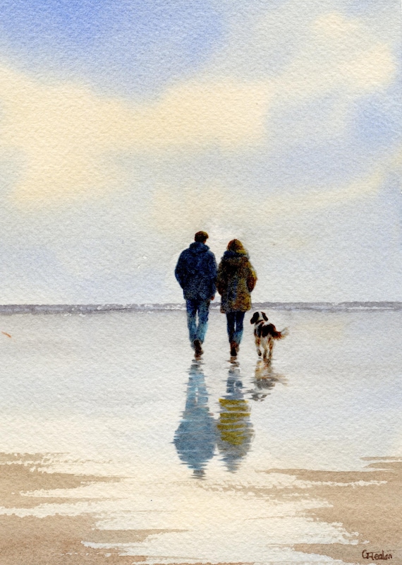 Original watercolour painting couple and Springer Spaniel dog on beach, bevel mounted hand painted unique art to fit 12 x 10 inch frame,