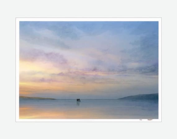 Mounted 20" x 16 " limited edition print 'At The End Of The Day', couple and dog on beach from an original watercolour sunset painting