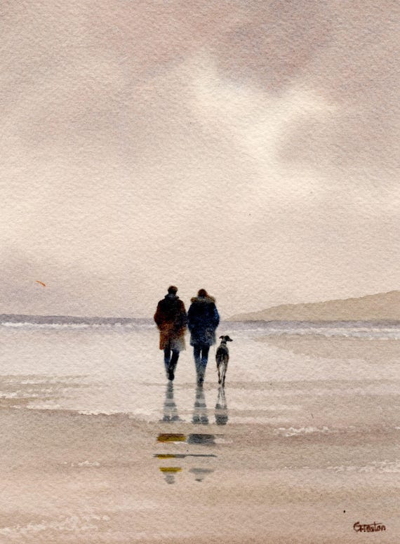 Original watercolour painting, couple and dog on beach, bevel mounted hand painted unique art to fit 12 x 10 inch frame, Greyhound, Lurcher