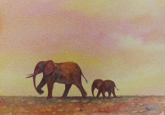 Original small watercolour painting, 'Follow Me, A5 size affordable and original art, unique watercolor sunset African elephants study