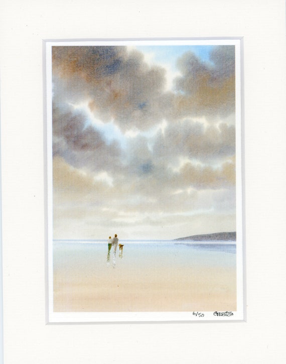 Hand finished 'Perfect Storm' Mounted 9" x 7" Limited Edition print on watercolour paper. Couple and dog on beach from a watercolor painting