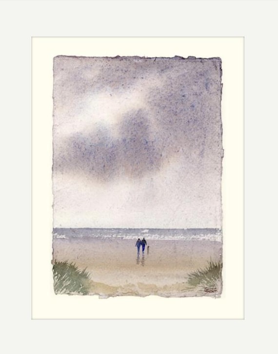 Original watercolour painting on handmade deckle edged paper, couple and dog on stormy beach, mounted to fit 12 x 10 inch frame by G. Heaton