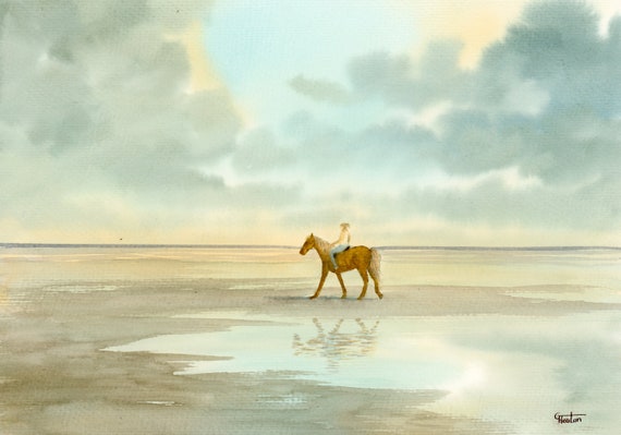 Original watercolour painting, 'Morning Ride' horse on beach A4 size watercolor, original pony art gift direct from the artist in England UK