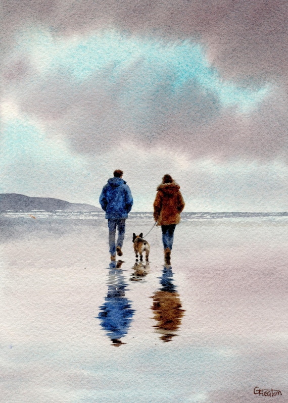 Original watercolour painting, couple and French Bulldog on beach, bevel mounted hand painted unique art to fit 12 x 10 inch frame, dog art