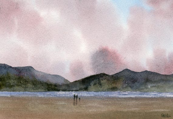 Original watercolour painting, Traeth Llanddwyn near Newborough, Anglesey, couple and dog, unique art to fit 12 x 10 inch frame by G. Heaton
