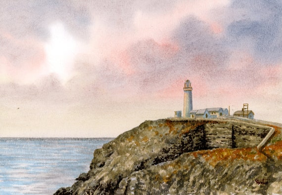 Original small watercolour painting, South Stack Lighthouse, Anglesey, Wales. Original watercolor art, direct from UK artist. Free P&P in UK