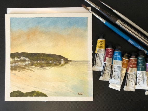 Porthdinllaen, Wales. Square small original watercolour sunset beach painting, hand painted watercolor art gift. Direct from the artist UK