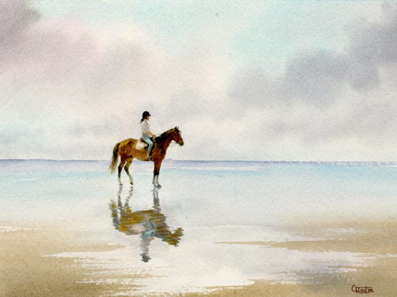 Original watercolour painting, horse rider on beach, bevel mounted hand painted unique equestrian art to fit 12 x 10 inch frame by G. Heaton