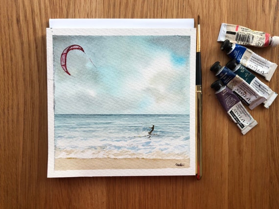Kite Surfer, Square small original watercolour stormy beach painting, affordable hand painted art watercolor gift, direct from artist in UK
