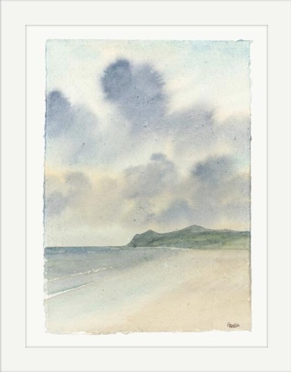 Original watercolour painting 'Nefyn Morning' on handmade deckle edged paper, mounted to fit 16 x 12 inch frame by G. Heaton, Nefyn beach