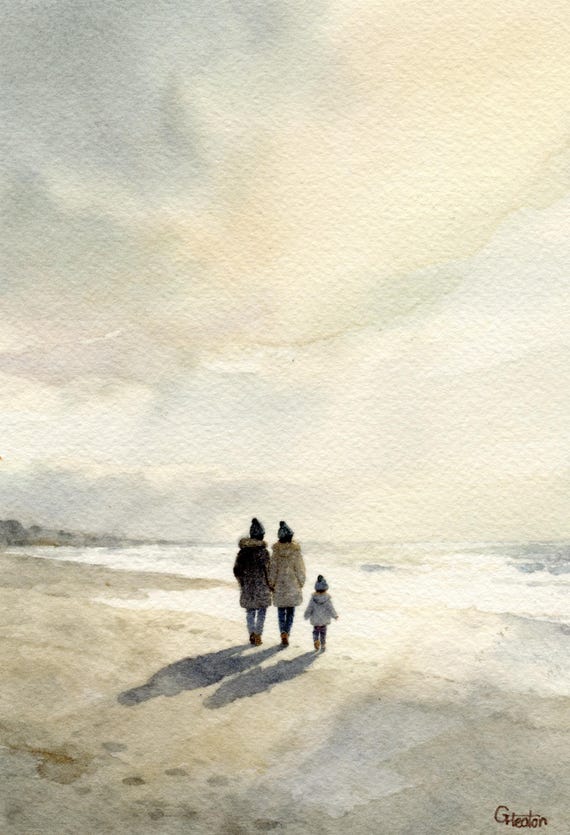 Original watercolour painting, two females and child on beach, bevel mounted hand painted unique art to fit 12 x 10 inch frame, art