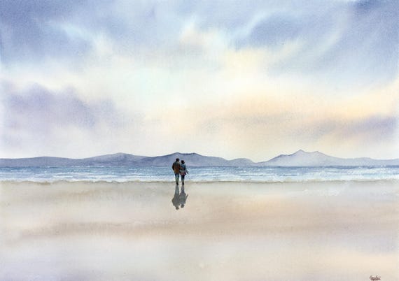 Original watercolour painting 'Our Time' romantic art, couple on Traeth Llanddwyn,  beach near Newborough in Anglesey, art by G Heaton