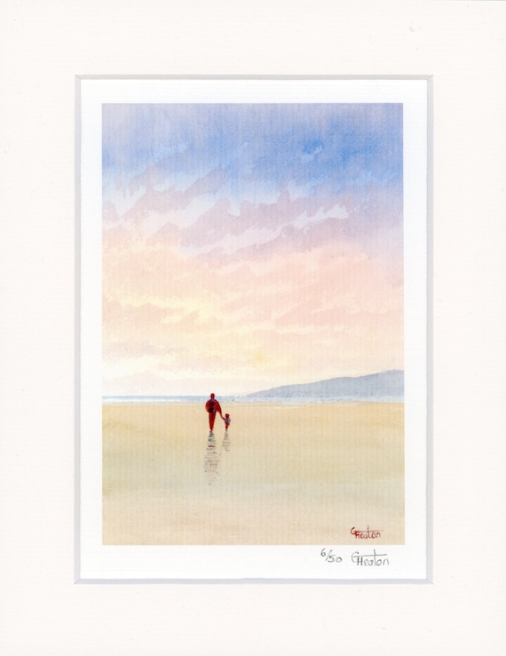 Mounted 9" x 7" Limited Edition Print on watercolour paper, 'A Father's Love' man and child on sunset beach from a watercolor painting. Dad