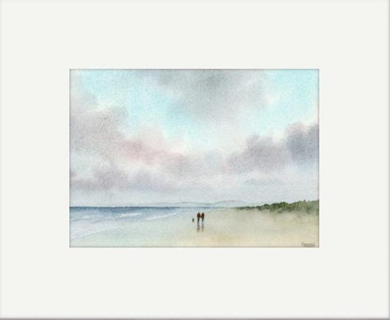 Original watercolour painting, couple & dog walking on beach, bevel mounted hand painted unique art to fit 12 x 10 inch frame by G. Heaton