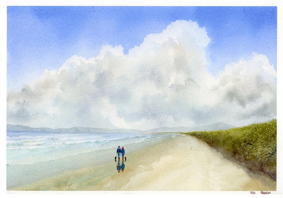 Couple and Dachshund dogs on Harlech Beach mounted 14" x 11" hand finished very Limited edition prints, figures on watercolour art paper