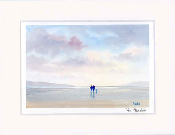 Mounted 9" x 7" Limited Edition Print on watercolour paper, couple and dog on beach. Only 50 available worldwide from an original painting